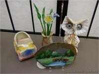 Lapidary Painted Agate, Glass Flowers, Shell Owl