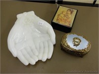 Avon Milk Glass Receiving Dish and 2 Jewel Boxes