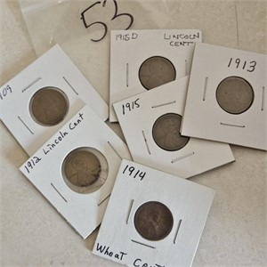 6 Lincoln Wheat Cents 1909, 12, 13, 14, 15, 15D