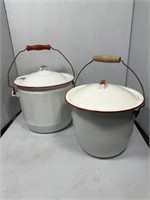 Two Red & White enamel slop buckets with bale hand