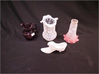 Four colored glass items: 6 1/2" white