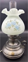 Fenton Hp Blue Roses On Blue Satin Colonial Lamp