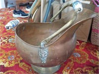 Brass & copper bucket, lion head sides, dents