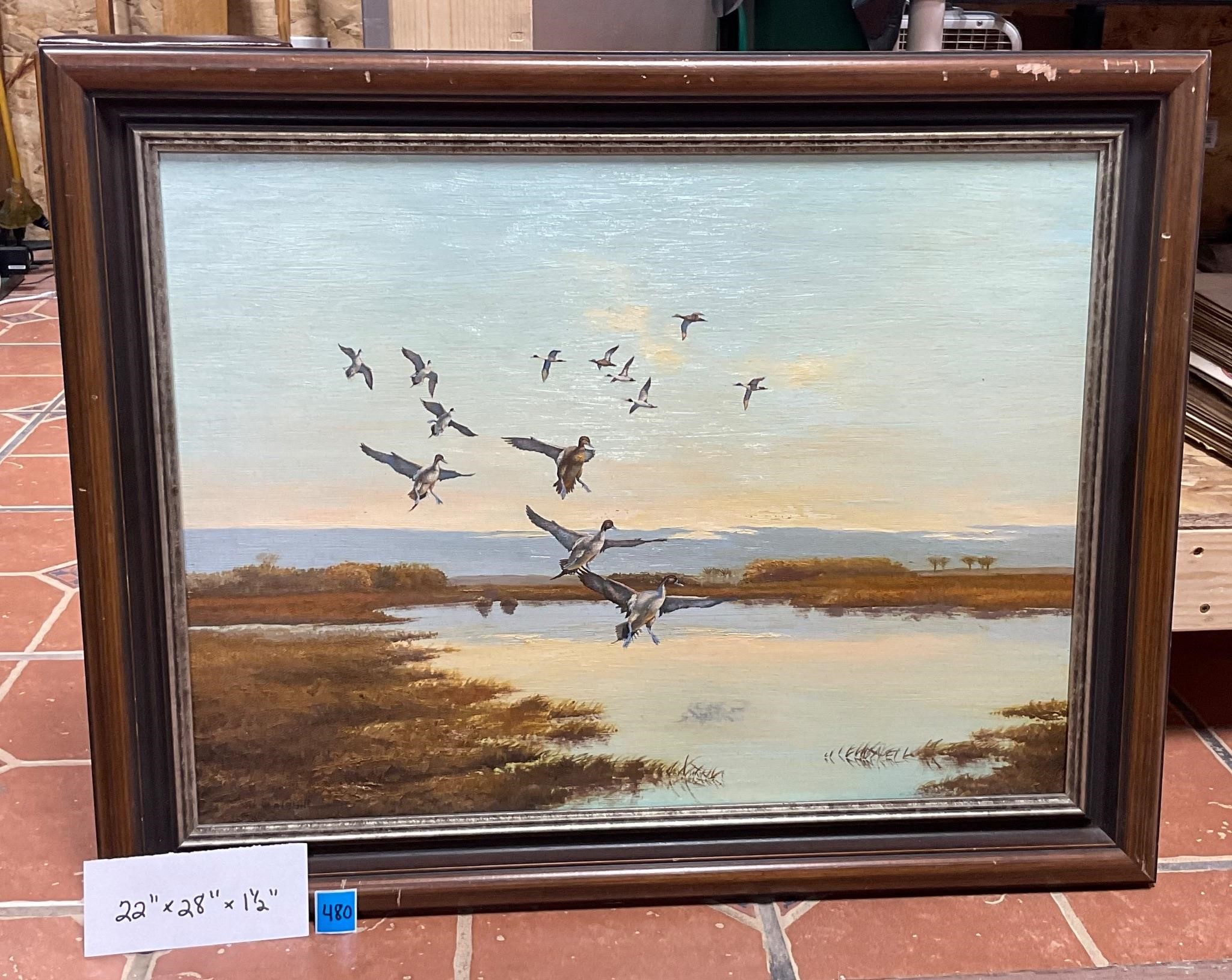 Vintage Painting of Geese Landing