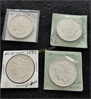 4- UNC Morgan Silver Dollars- 1886, 1889, 1889,