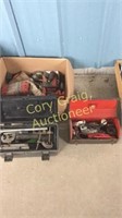 1 box misc garage items, 2 tool boxes with pipe