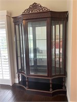 Large Carved Wood & Glass Curio Cabinet Hutch