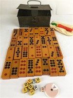 METAL BOX WITH BAKELITE DOMINOS MISC DICE AND
