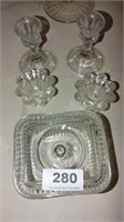 2 glass candle holders, glass covered dish