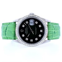 36MM Black Green Diamond Rolex DateJust Watch