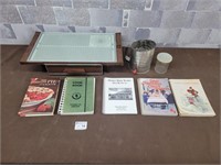 Vintage cook books, electric hot plate, etc