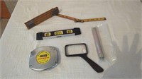 OLD STYLE WOOD TAPE MEASURER- LEVELS- MAGNIFYING