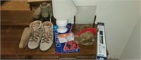 Estate lot of boots, a lamp, checkers, bear, ect