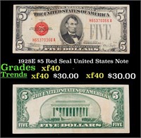 1928E $5 Red Seal United States Note Grades xf