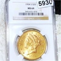 1904-S $20 Gold Double Eagle NGC - MS64