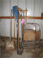 Group of hand tools: shovels, broom, mop &