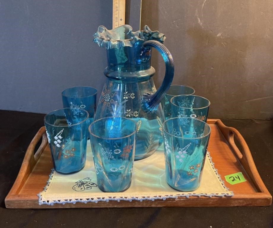 Vintage pitcher & glasses on wood tray