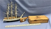 Hand made wooden, 3 masted ship, 12" x 12"; a 5 1/