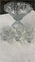 Pressed Glass Punch Bowl and Six Cups