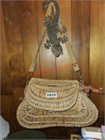 Wicker Fishing Basket and Metal Lizard