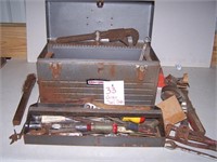 Gray tool box with pipe wrenches and more