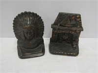 2 Book ends, Native American Chief & Fireplace,