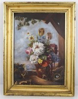 ANTIQUE UNSIGNED FLORAL STILL LIFE ON CANVAS