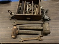 OLD WOOD DRAWER WITH TOOLS/MEAT GRINDER ETC