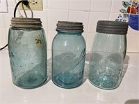 3 Vintage Blue Jars with Zinc Lids