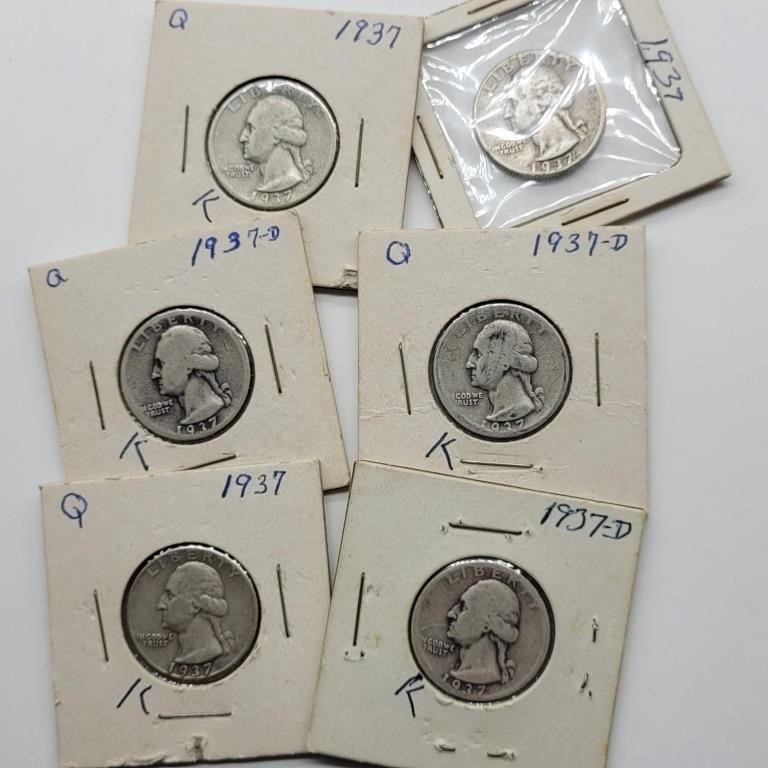 6- 1937 P & D SILVER WASHINGTON QUARTERS