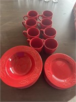 Set of red dishes, eight bowls, eight small