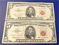 (2) 1953 Series Red Seal Five Dollar Bills