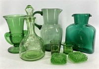 Tray- Uranium Glass Decanter & Misc. Green Glass