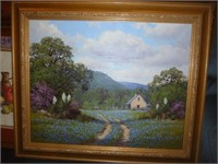 Texas Bluebonnets Vintage Original Framed Oil