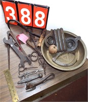 brass ruler, tin, cigar case, caliper,