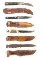 (4) Fixed Edge Hunting Knives W/ Leather Sheaths