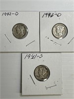 1941-S,1942-D, 1943-D Mercury Dimes