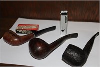 Lot of 3 Smoking Tobacco Pipes and Lighter
