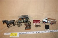 Carriage, brass horse, Smith & Wesson Stake truck,
