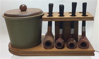 VTG. PIPE STAND w HUMIDOR & 6 PIPES