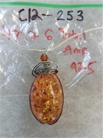 C12-253 sterling wrapped Amber necklace drop 47.2g