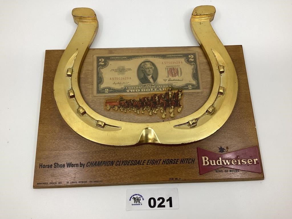 BUDWEISER PLAQUE WITH $2 BILL RED SEAL