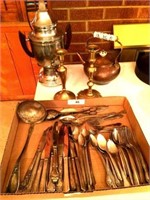 Flat ware, brass candlesticks, coffee urn, &