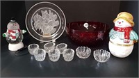 ASSORTED SALTERS + RED GLASS BOWL + GLASS PLATE +