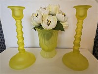 Yellow glass candle holders & vase
