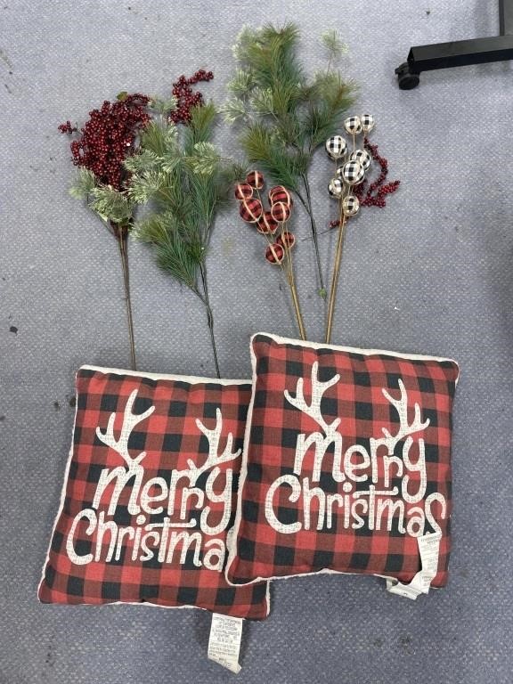 2 Christmas Pillows & Greenery