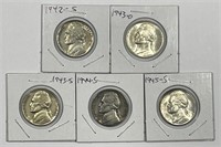 Five Silver Jefferson War Nickels AU/UNC LOT