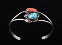 Navajo Sterling Turquoise & Coral Bracelet
