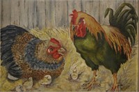 Primitive/Folk Art Rooster & Chicken Painting