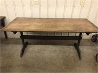 ANTIQUE TRESTLE STYLE HARVEST TABLE WITH PEG CONST
